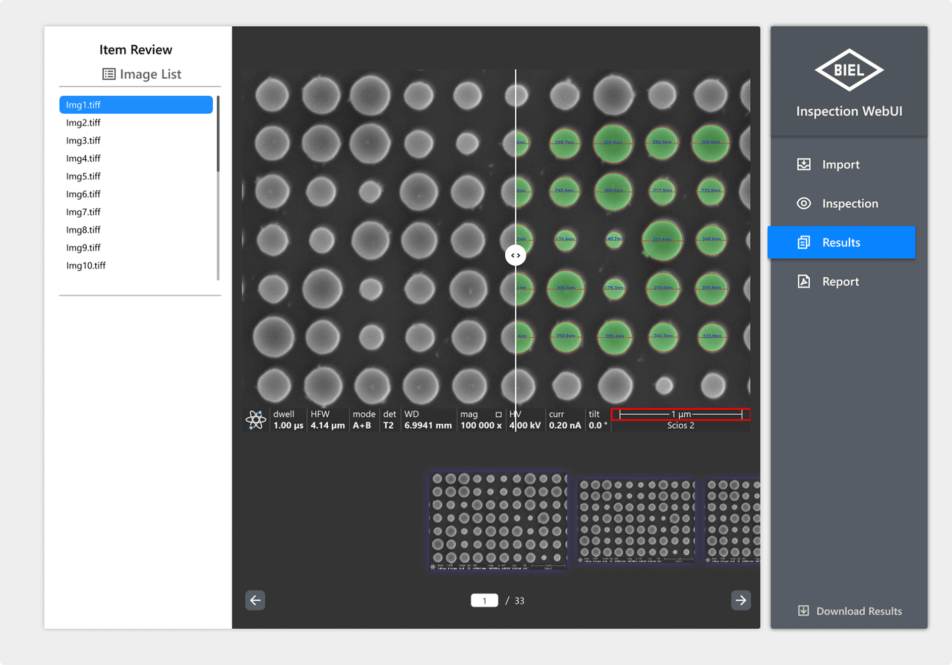 User interface of an automated optical inspection system displaying analysis results.